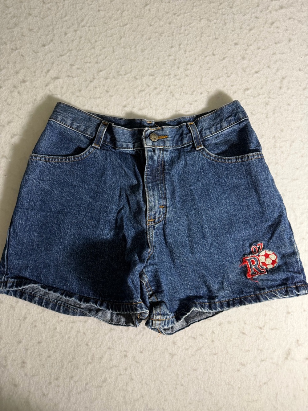 Wrangler Blue Denim Shorts with Red Soccer Patch